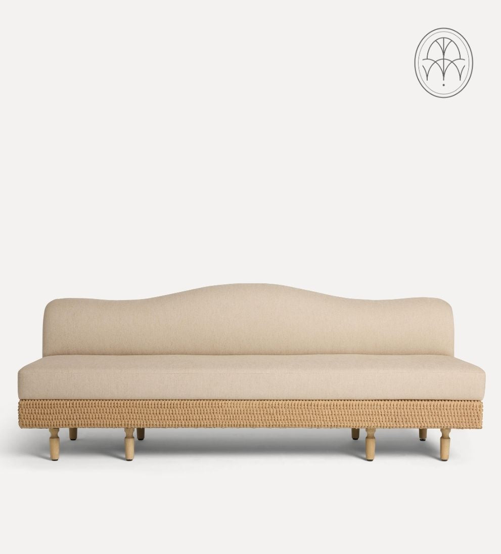 Iris Bench – Curved Backrest Bench with Handwoven Rattan Base, Neutral Upholstered Seat, Modern Organic Design for Entryway or Living Room, 84.25"L x 32.35"W x 35"H