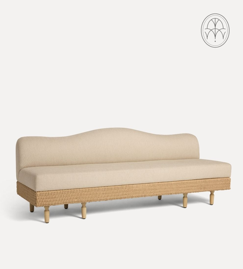 Iris Bench – Curved Backrest Bench with Handwoven Rattan Base, Neutral Upholstered Seat, Modern Organic Design for Entryway or Living Room, 84.25"L x 32.35"W x 35"H