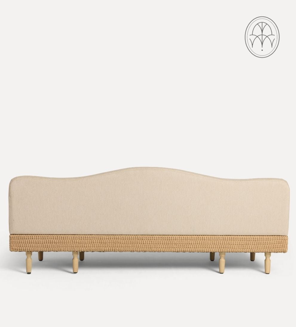 Iris Bench – Curved Backrest Bench with Handwoven Rattan Base, Neutral Upholstered Seat, Modern Organic Design for Entryway or Living Room, 84.25"L x 32.35"W x 35"H