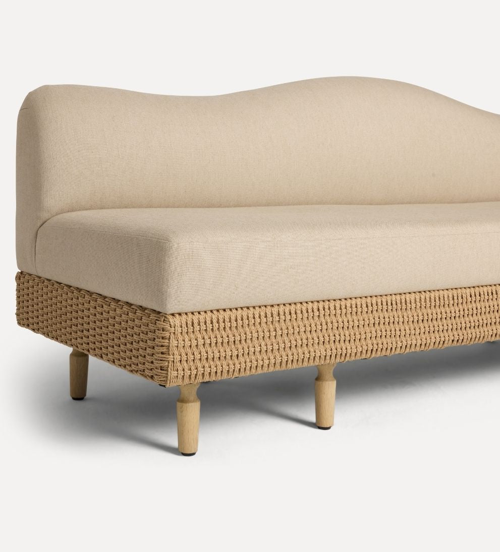 Iris Bench – Curved Backrest Bench with Handwoven Rattan Base, Neutral Upholstered Seat, Modern Organic Design for Entryway or Living Room, 84.25"L x 32.35"W x 35"H