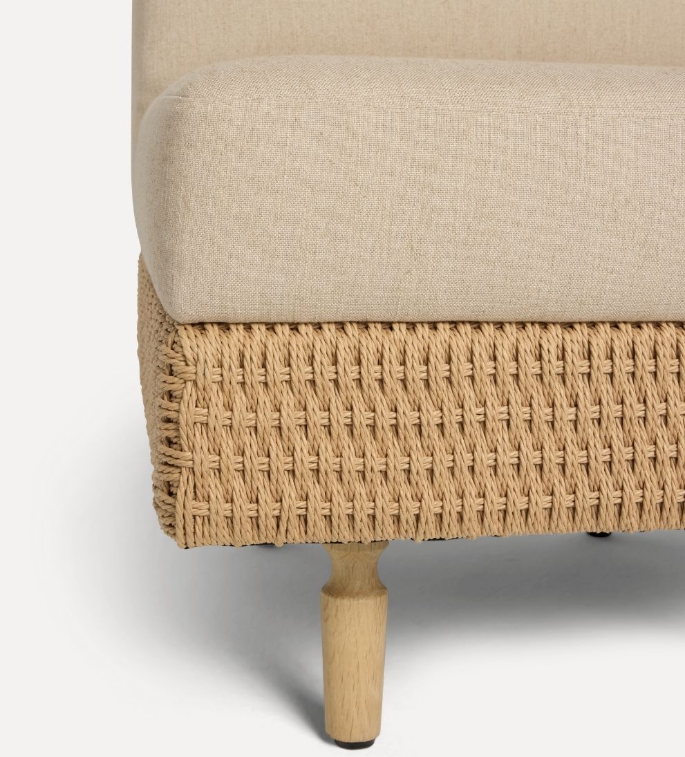 Iris Bench – Curved Backrest Bench with Handwoven Rattan Base, Neutral Upholstered Seat, Modern Organic Design for Entryway or Living Room, 84.25"L x 32.35"W x 35"H