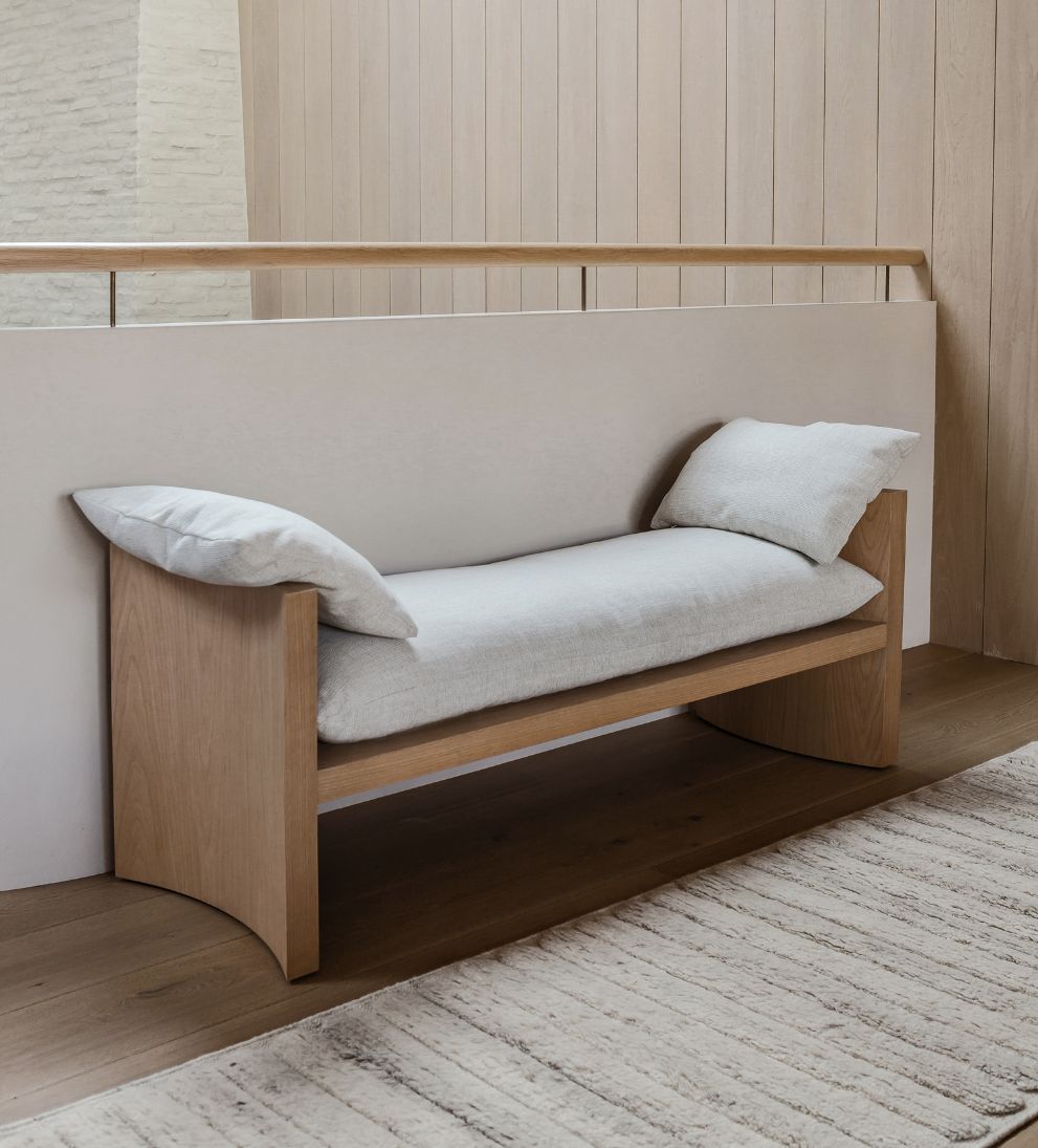 Katelyn Bench – White Oak Bench with Curved Ends, Comfortable Crypton Performance Fabric Cushion, Durable Stylish Seating for Any Space, 60"L x 20"W x 25"H