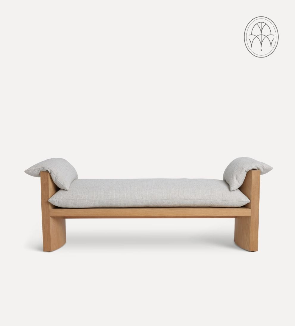 Katelyn Bench – White Oak Bench with Curved Ends, Comfortable Crypton Performance Fabric Cushion, Durable Stylish Seating for Any Space, 60"L x 20"W x 25"H