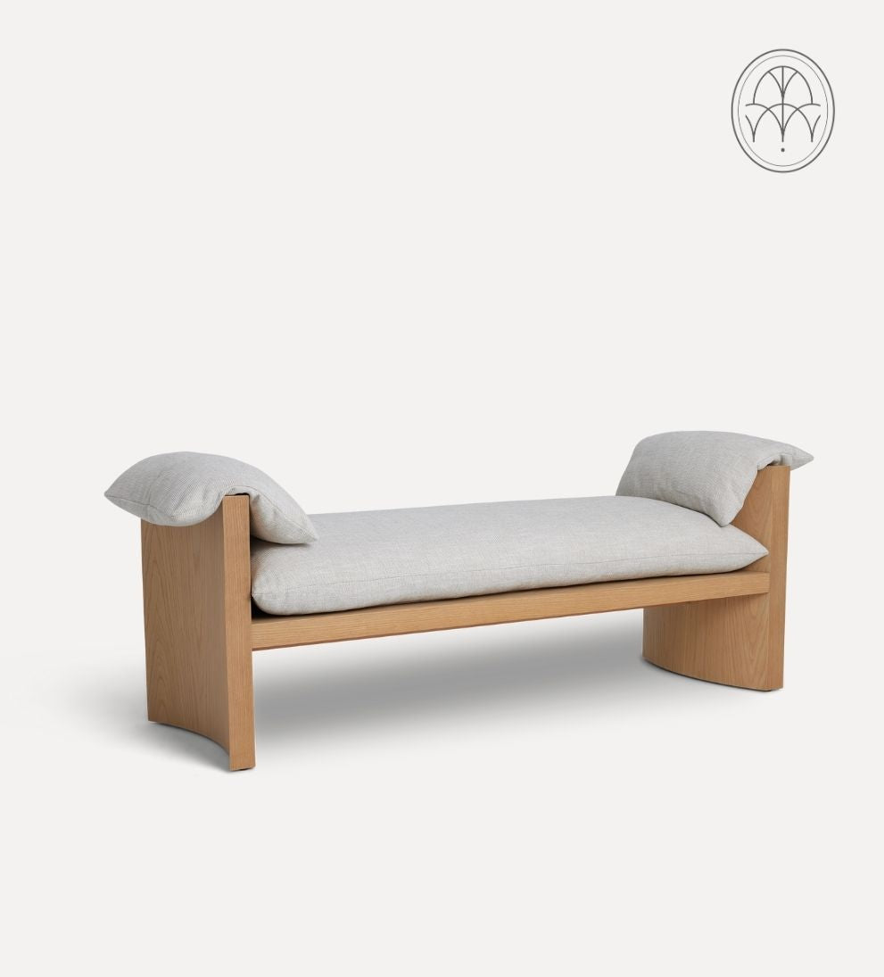 Katelyn Bench – White Oak Bench with Curved Ends, Comfortable Crypton Performance Fabric Cushion, Durable Stylish Seating for Any Space, 60"L x 20"W x 25"H