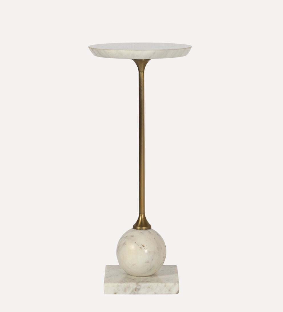 Lauren Drink Table – Banswara Marble Top with Sculptural Marble Sphere Base, Warm Metal Stem, Elegant Compact Side Table for Living Space, 9"L x 9"W x