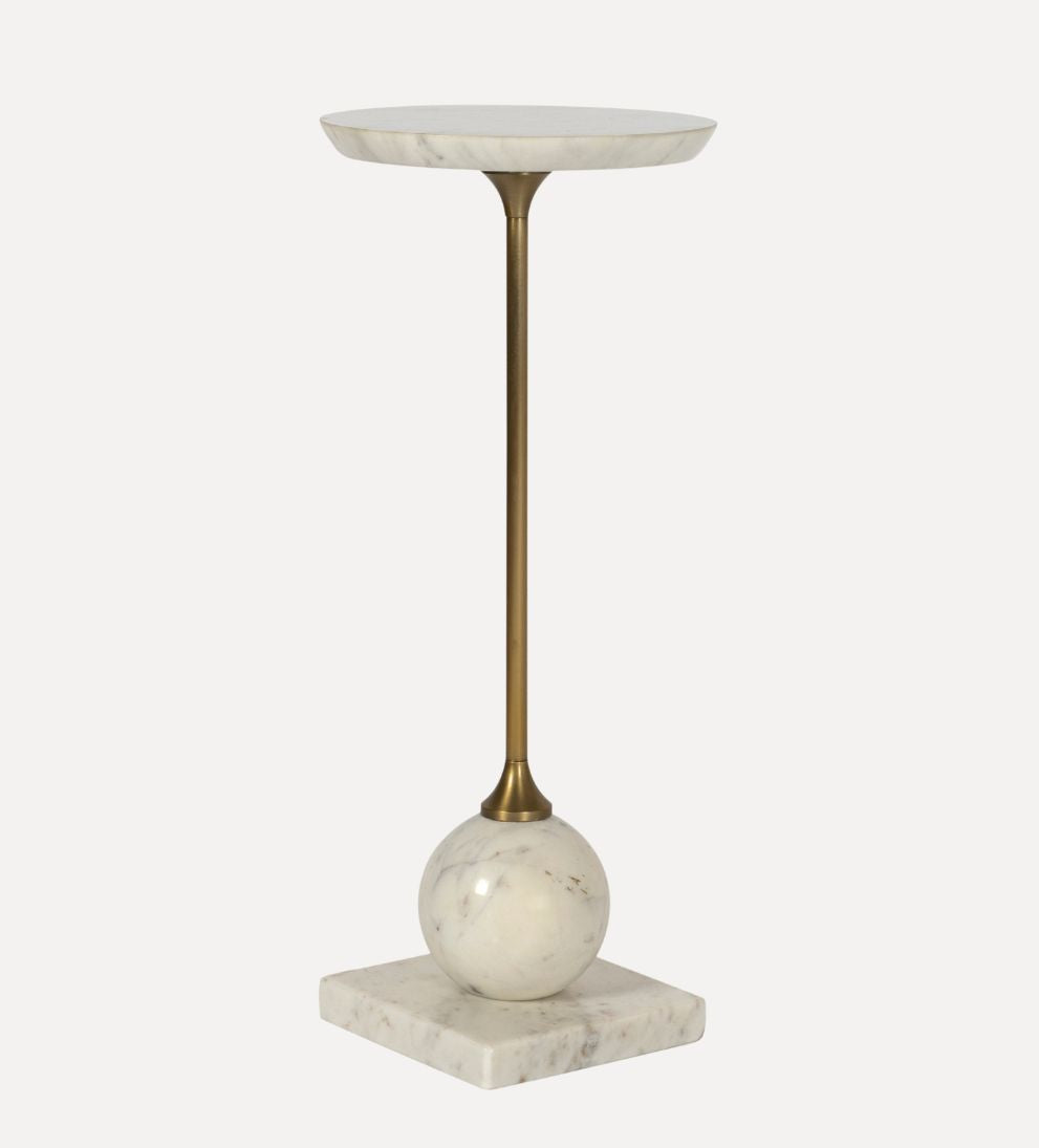 Lauren Drink Table – Banswara Marble Top with Sculptural Marble Sphere Base, Warm Metal Stem, Elegant Compact Side Table for Living Space, 9"L x 9"W x