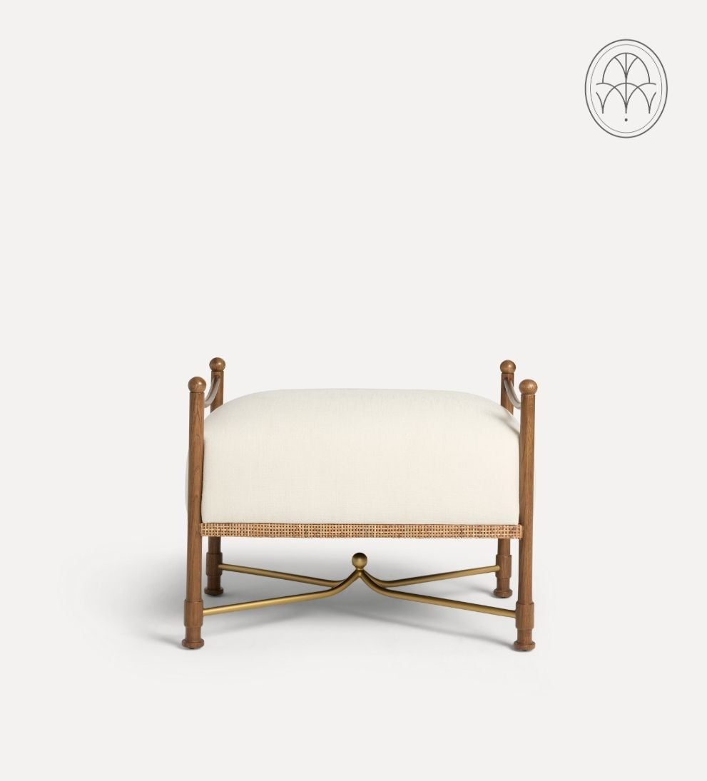 Lilac Upholstered Stool – Nutmeg Oak Ottoman with Airy Wicker Base, Aged Brass Accents, Crypton Performance Fabric Seat, Versatile Accent Piece, 28"W x 20"D x 22"H