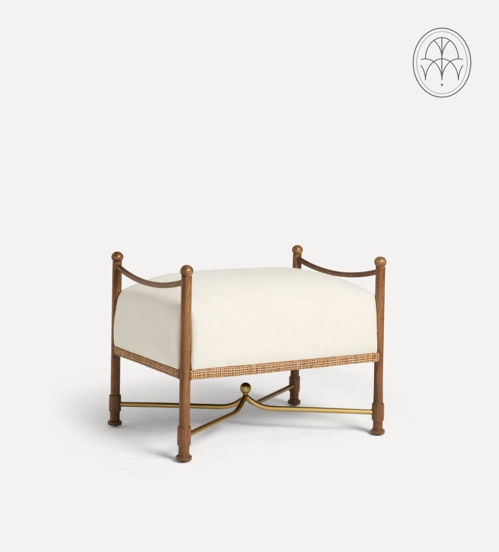 Lilac Upholstered Stool – Nutmeg Oak Ottoman with Airy Wicker Base, Aged Brass Accents, Crypton Performance Fabric Seat, Versatile Accent Piece, 28"W x 20"D x 22"H