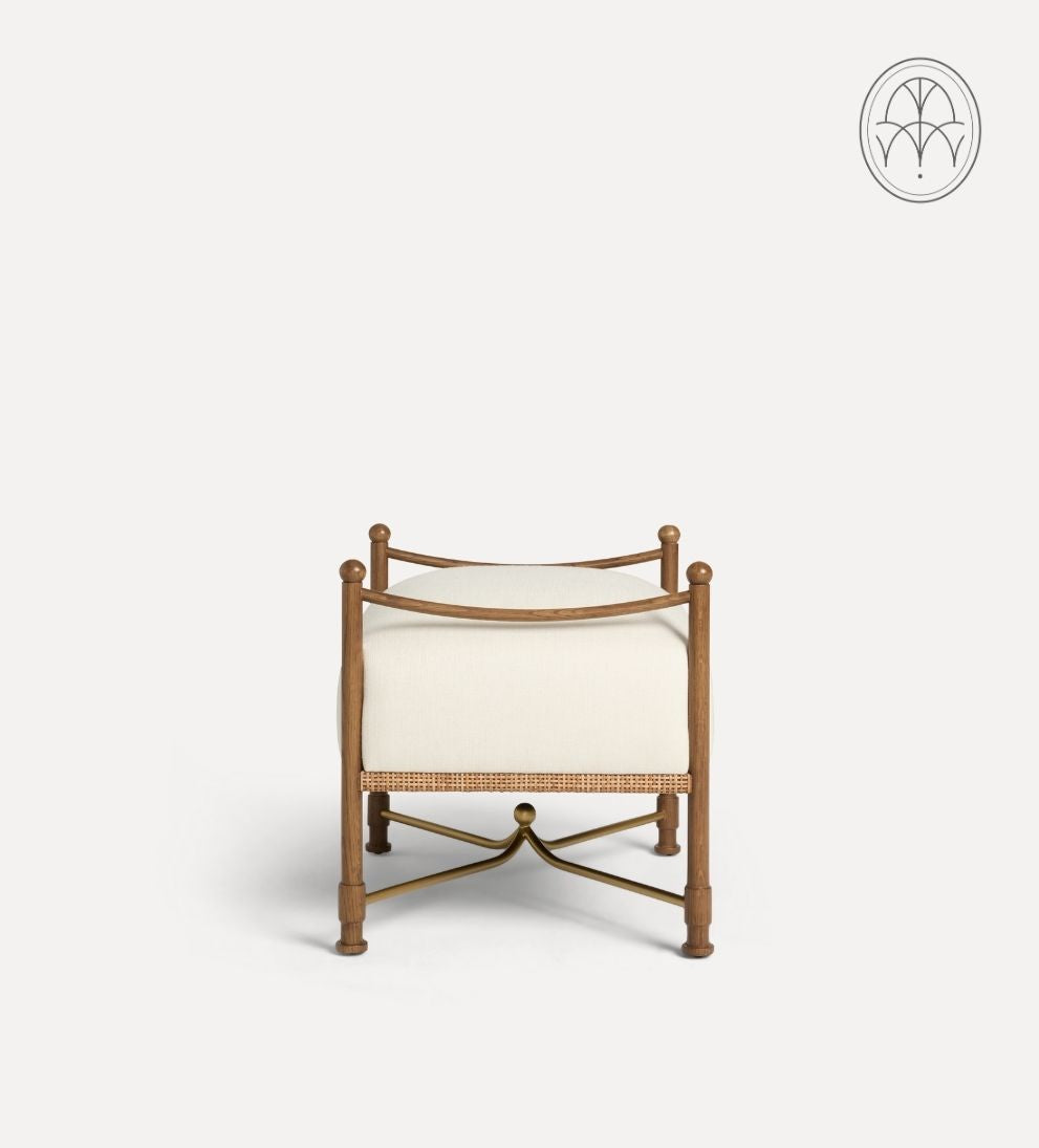 Lilac Upholstered Stool – Nutmeg Oak Ottoman with Airy Wicker Base, Aged Brass Accents, Crypton Performance Fabric Seat, Versatile Accent Piece, 28"W x 20"D x 22"H