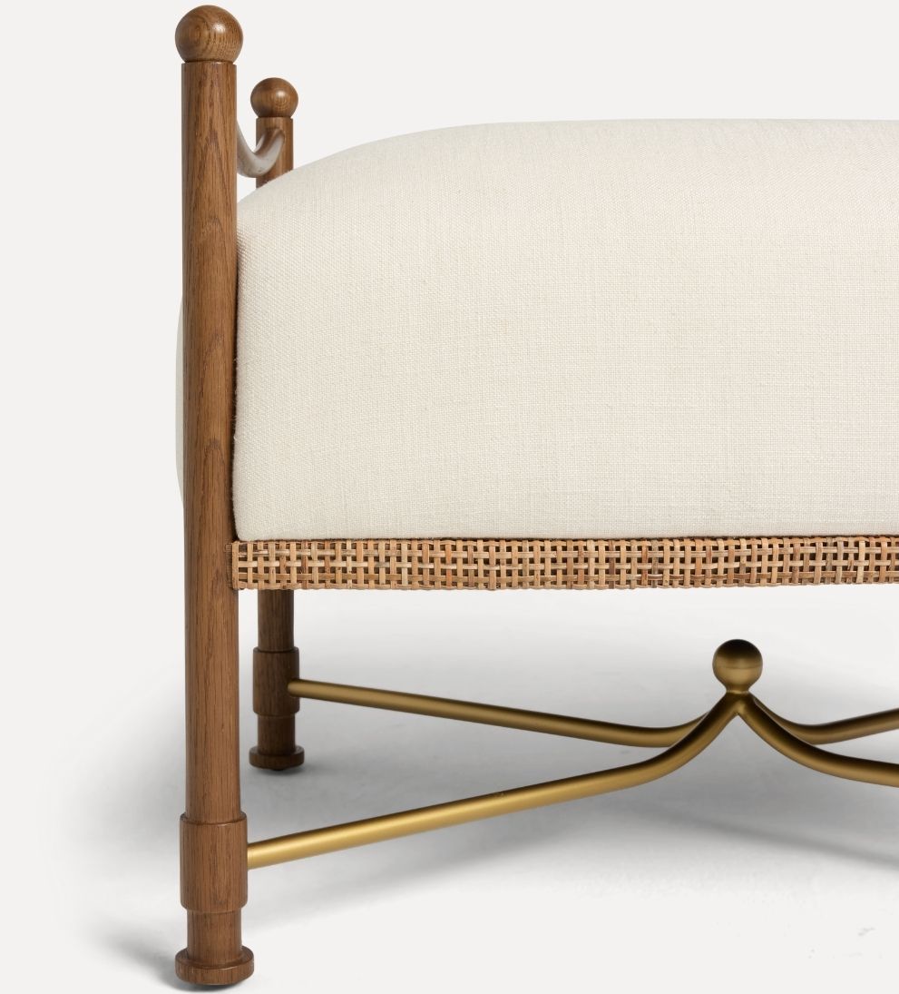 Lilac Upholstered Stool – Nutmeg Oak Ottoman with Airy Wicker Base, Aged Brass Accents, Crypton Performance Fabric Seat, Versatile Accent Piece, 28"W x 20"D x 22"H
