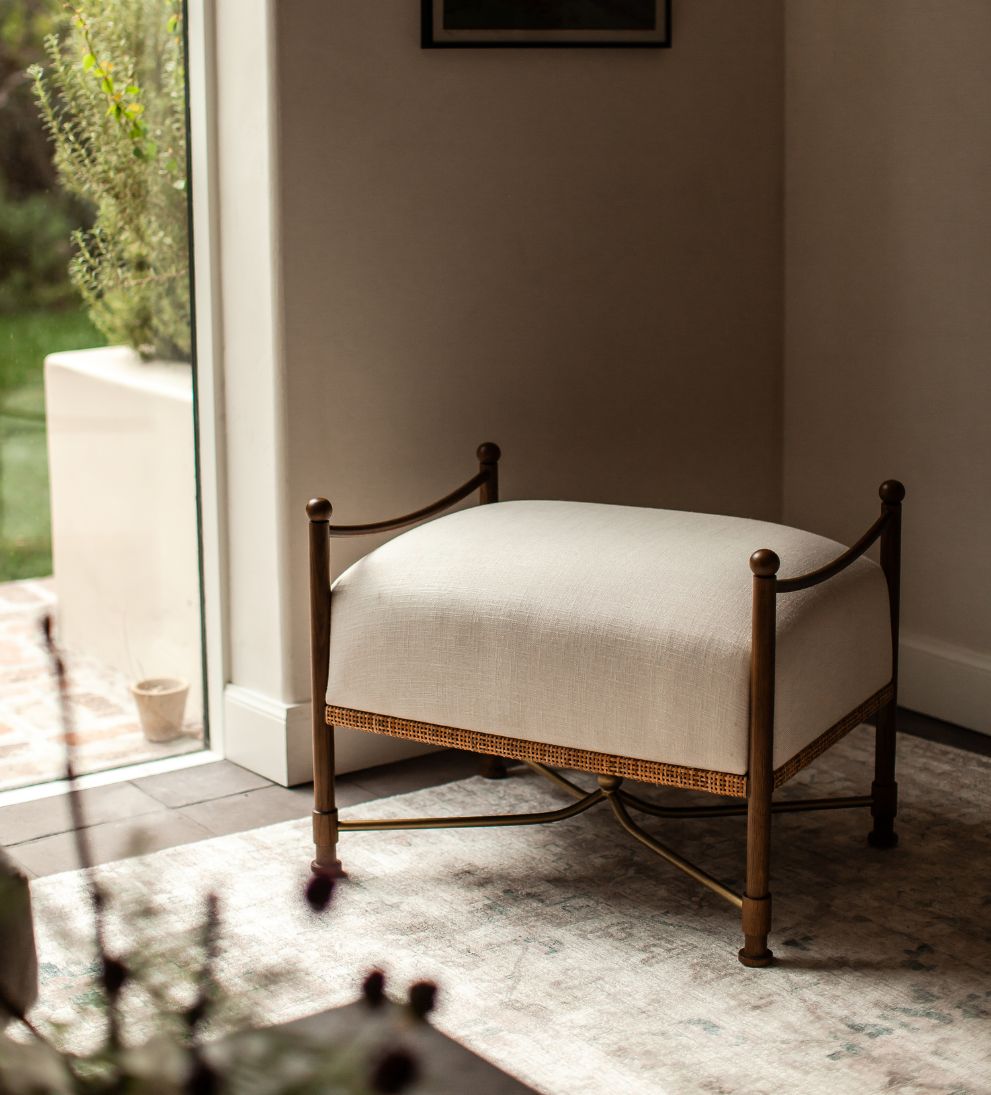 Lilac Upholstered Stool – Nutmeg Oak Ottoman with Airy Wicker Base, Aged Brass Accents, Crypton Performance Fabric Seat, Versatile Accent Piece, 28"W x 20"D x 22"H