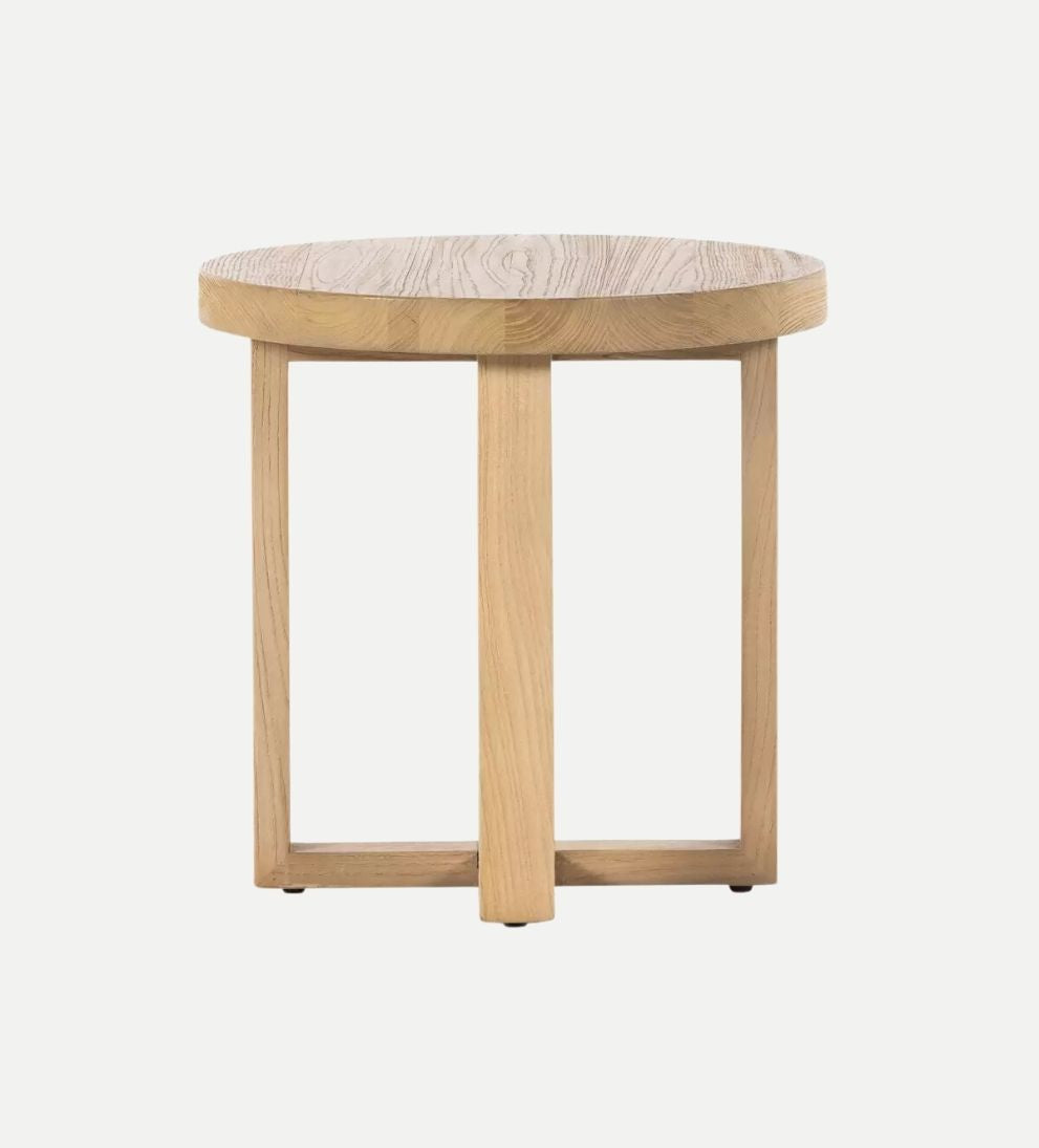 Liv End Table - Introducing the Liv End Table! - Crafted from natural nettlewood, its sturdy, cross-style base supports a rounded tabletop with a soft