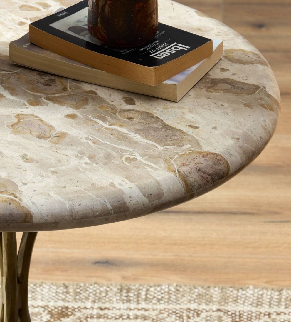 Lucian End Table in Fossil Marble - Overall Dimensions: 18 W x 18 D x 22 H The Lucian End Table in Fossil Marble is where natural material meets