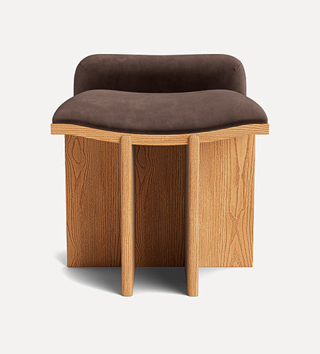 Eze Stool – Sculptural Upholstered Stool with Wavy Curved Seat, Architectural Oak Base, French Country Cool, Versatile Accent Piece for Vanity or Entryway, 20"W x 21"D x 22"H