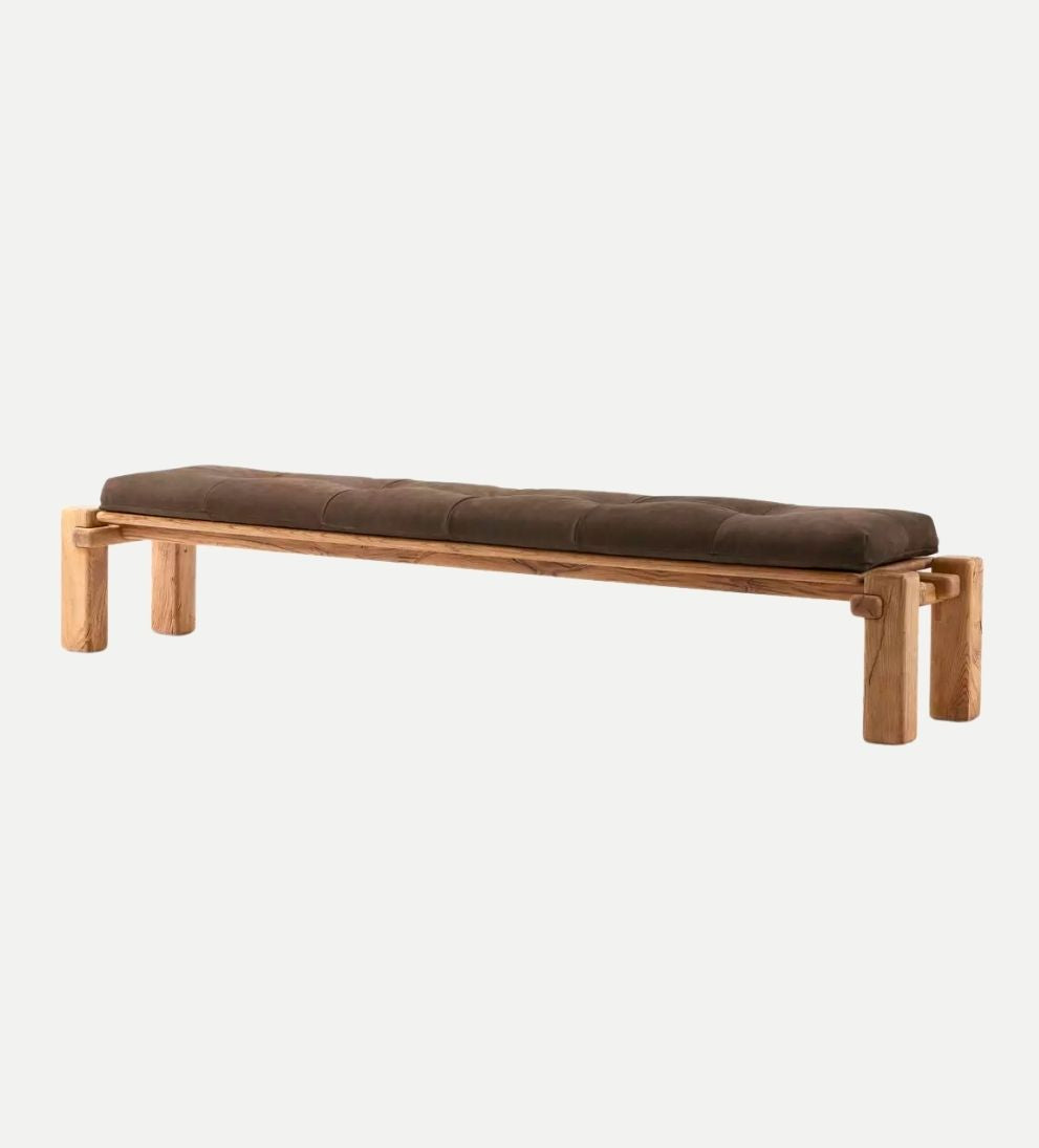 Maria Accent Bench – Brazilian-Inspired Bench with Reclaimed French Oak, Overstated Joint Details, Top-Grain Leather Cushion, Rounded Edges, 94"W x 19.75"D x 18"H