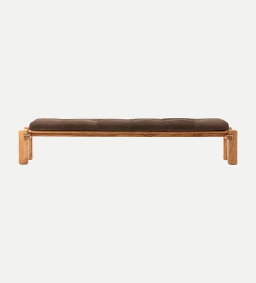 Banc d'appoint Maria – Banc d'inspiration brésilienne en chêne français recyclé, détails d'assemblage surdimensionnés, coussin en cuir pleine fleur, bords arrondis, 239 cm (L) x 50 cm (P) x 46 cm (H)