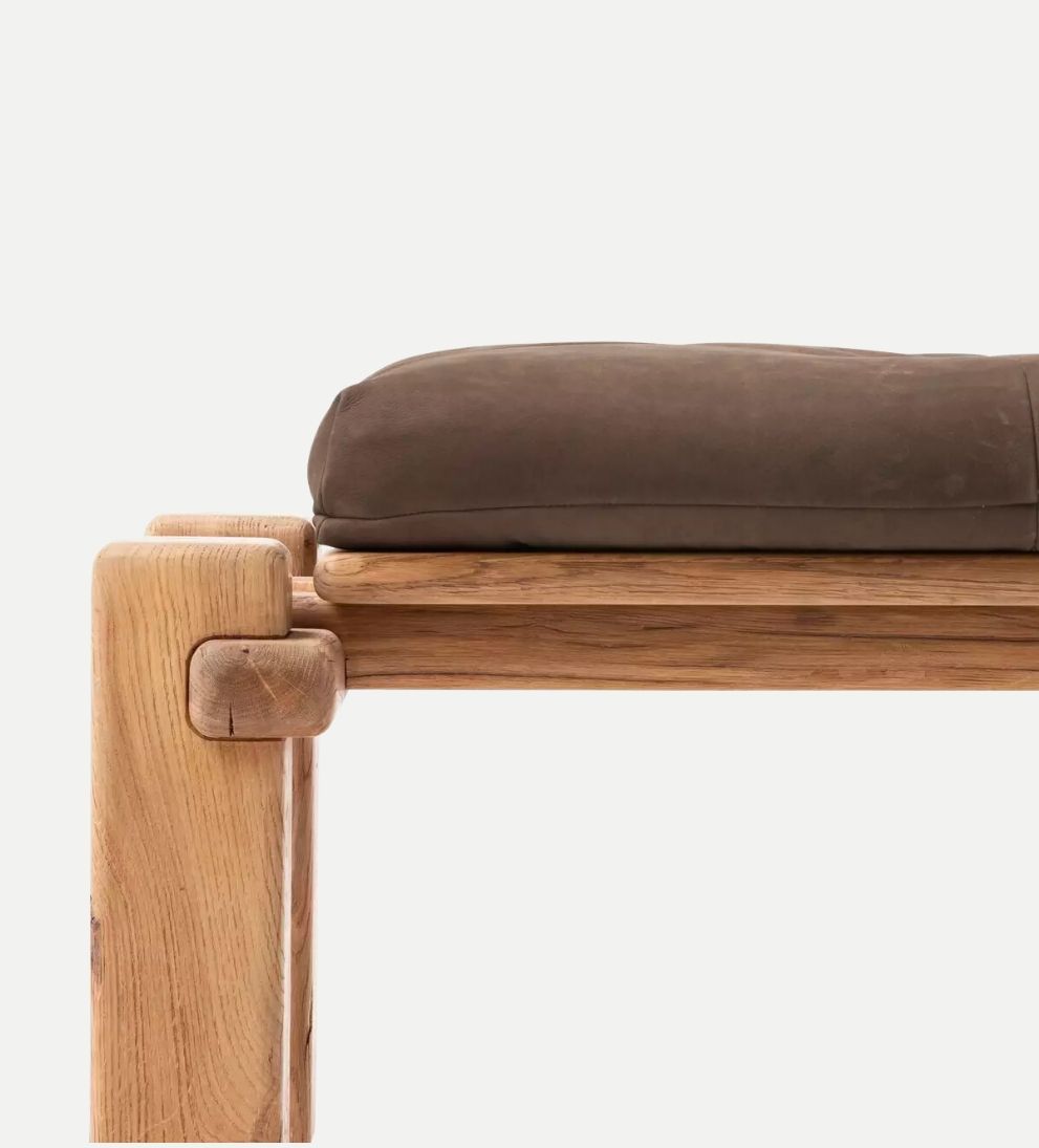 Maria Accent Bench – Brazilian-Inspired Bench with Reclaimed French Oak, Overstated Joint Details, Top-Grain Leather Cushion, Rounded Edges, 94"W x 19.75"D x 18"H