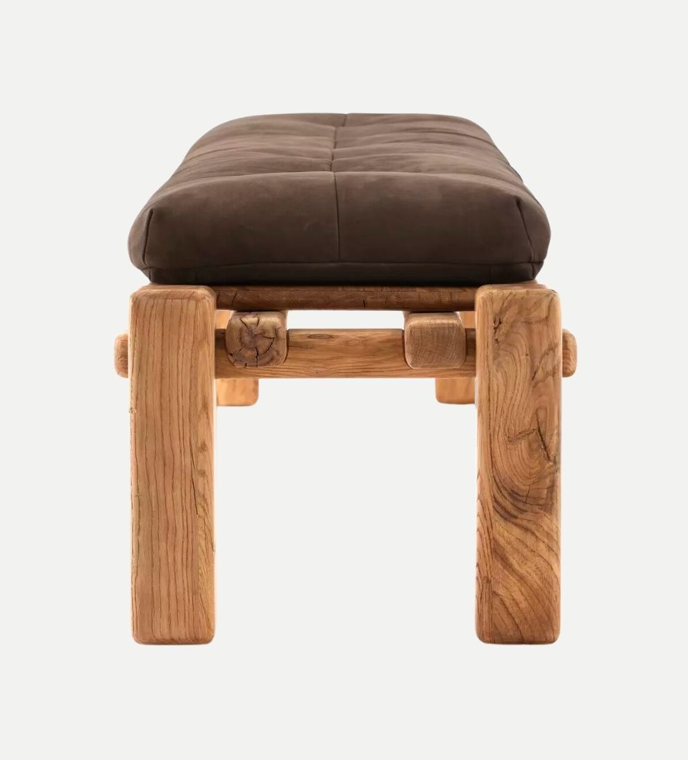 Maria Accent Bench – Brazilian-Inspired Bench with Reclaimed French Oak, Overstated Joint Details, Top-Grain Leather Cushion, Rounded Edges, 94"W x 19.75"D x 18"H