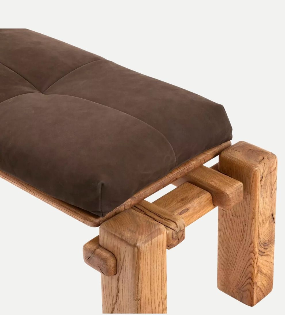 Maria Accent Bench – Brazilian-Inspired Bench with Reclaimed French Oak, Overstated Joint Details, Top-Grain Leather Cushion, Rounded Edges, 94"W x 19.75"D x 18"H