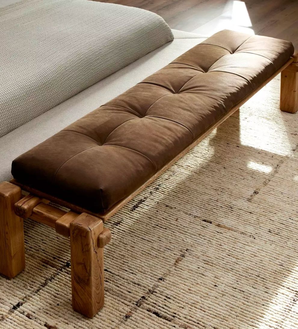 Maria Accent Bench – Brazilian-Inspired Bench with Reclaimed French Oak, Overstated Joint Details, Top-Grain Leather Cushion, Rounded Edges, 94"W x 19.75"D x 18"H