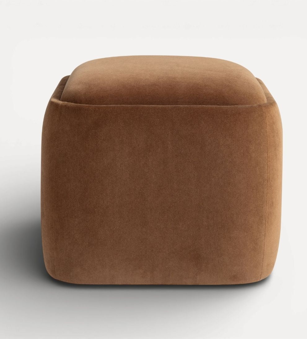 Marie Ottoman – Cognac Velvet Upholstered Ottoman with Tailored Cube Silhouette, Rich Warm Tone, Versatile Extra Seating or Footrest, 21"L x 24"W x 18"H