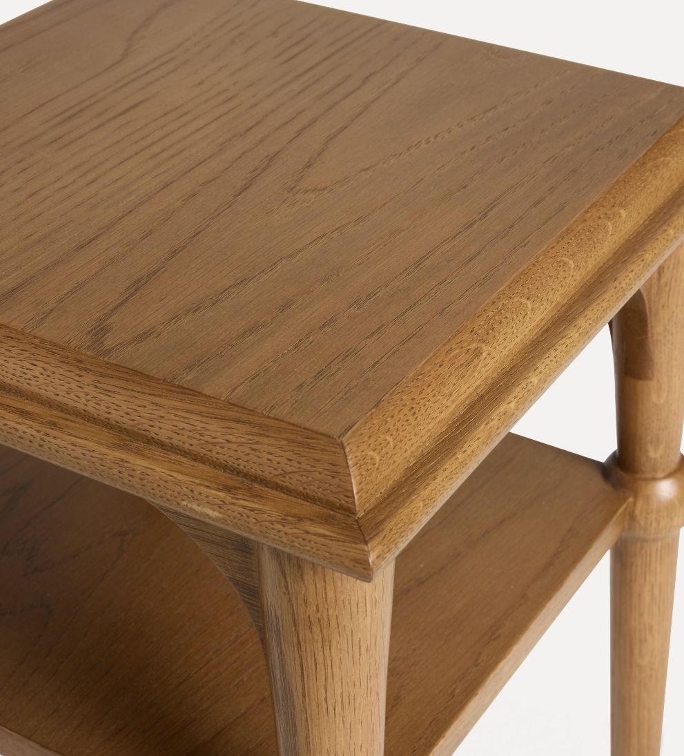 Peony Chestnut Shelf Side Table - Dimensions: 15 L x 15 W x 26 H | Distance Between Legs: 12.13Petite, poised, and quietly confident, the Peony Side