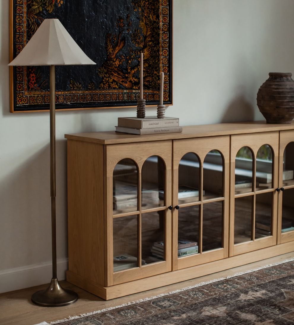 Alena White Oak Credenza – Arched Glass-Door Buffet with Warm White Oak Finish, Architectural Arch Motif, Spacious Display Shelving, 83"W x 18"D x 38"H