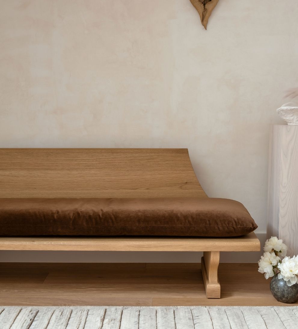 Porto Bench – White Oak Bench with Luxurious Cognac Velvet Upholstered Seat, Style-Forward Sturdy Design for Entryway or Dining, 78"L x 24"W x 30"H