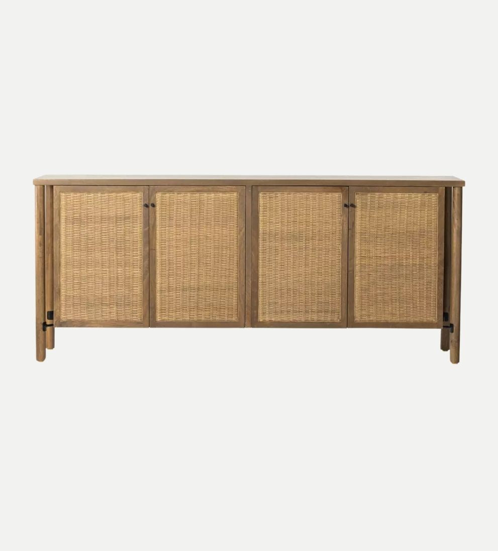 Regan Sideboard – Woven Mango Wood Buffet with Cane Doors, Taupe Finish, Dowel Legs, Spacious Storage for Dining Linens & Serveware, 74"W x 18"D x 31.5"H
