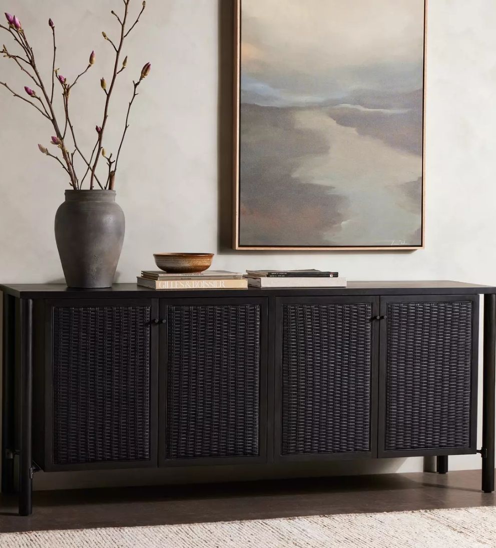 Regan Sideboard – Woven Mango Wood Buffet with Cane Doors, Taupe Finish, Dowel Legs, Spacious Storage for Dining Linens & Serveware, 74"W x 18"D x 31.5"H