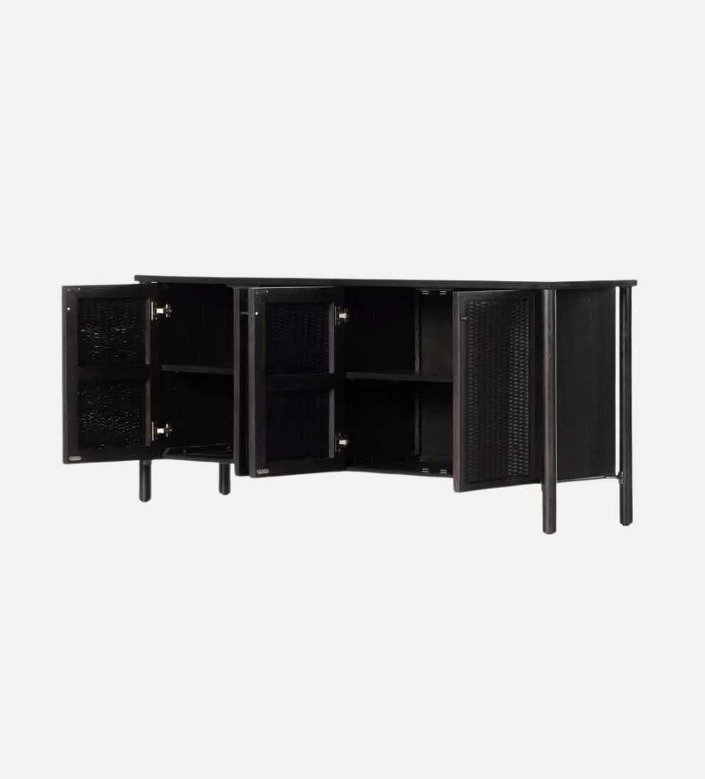 Regan Sideboard – Woven Mango Wood Buffet with Cane Doors, Taupe Finish, Dowel Legs, Spacious Storage for Dining Linens & Serveware, 74"W x 18"D x 31.5"H
