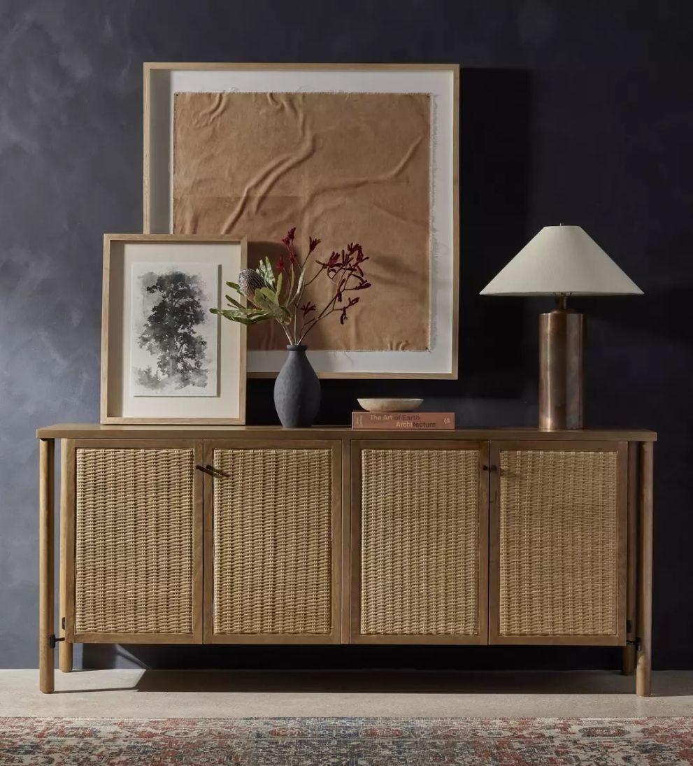 Regan Sideboard – Woven Mango Wood Buffet with Cane Doors, Taupe Finish, Dowel Legs, Spacious Storage for Dining Linens & Serveware, 74"W x 18"D x 31.5"H