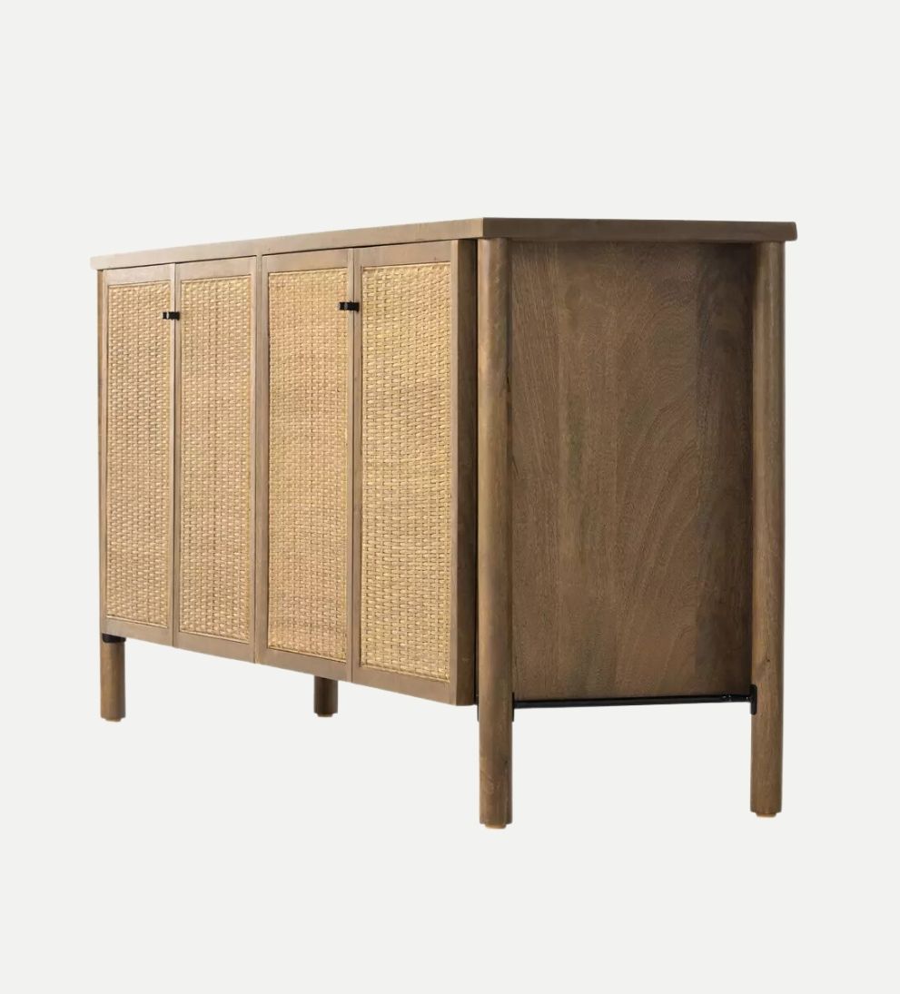 Regan Sideboard – Woven Mango Wood Buffet with Cane Doors, Taupe Finish, Dowel Legs, Spacious Storage for Dining Linens & Serveware, 74"W x 18"D x 31.5"H