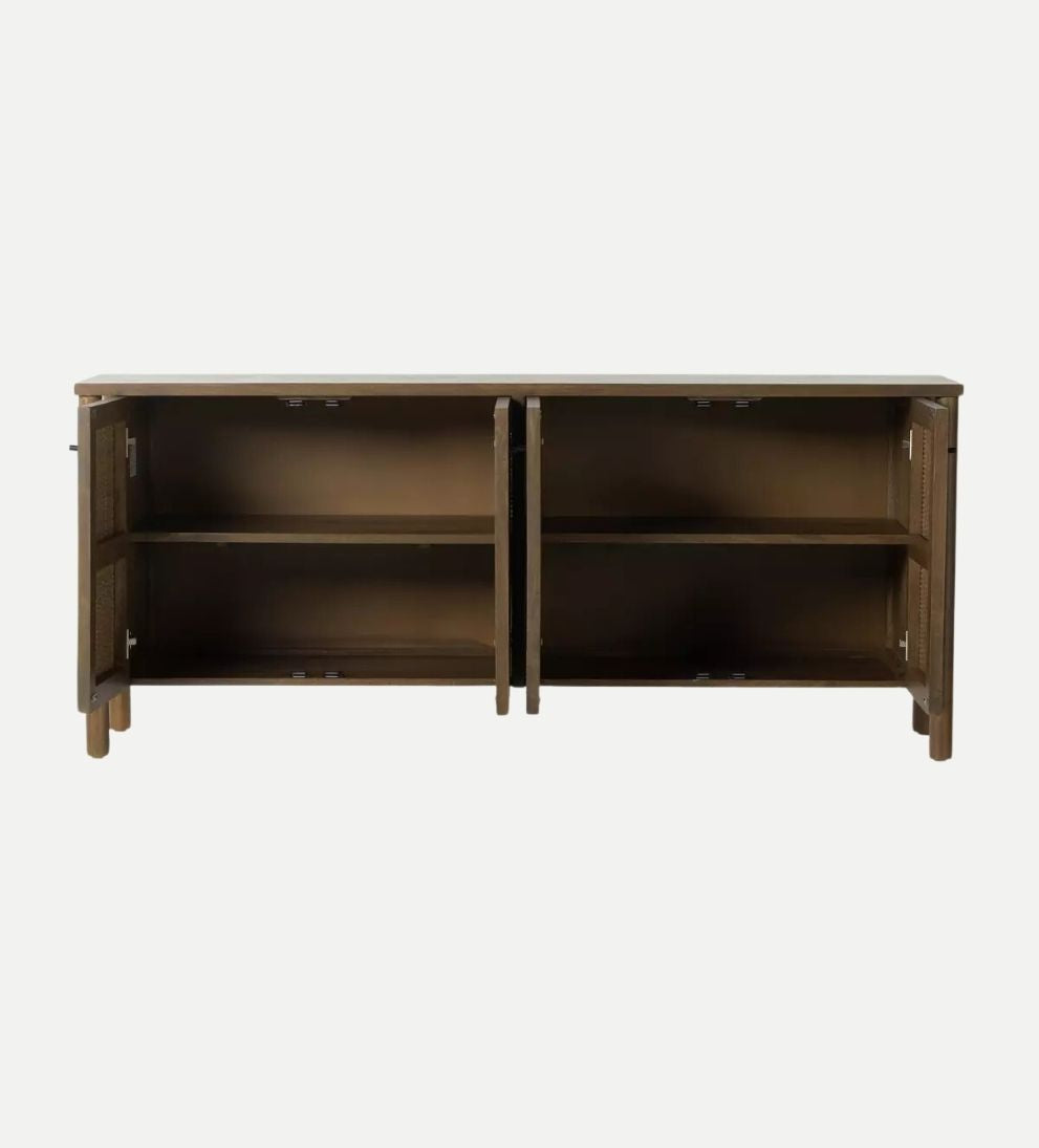 Regan Sideboard – Woven Mango Wood Buffet with Cane Doors, Taupe Finish, Dowel Legs, Spacious Storage for Dining Linens & Serveware, 74"W x 18"D x 31.5"H