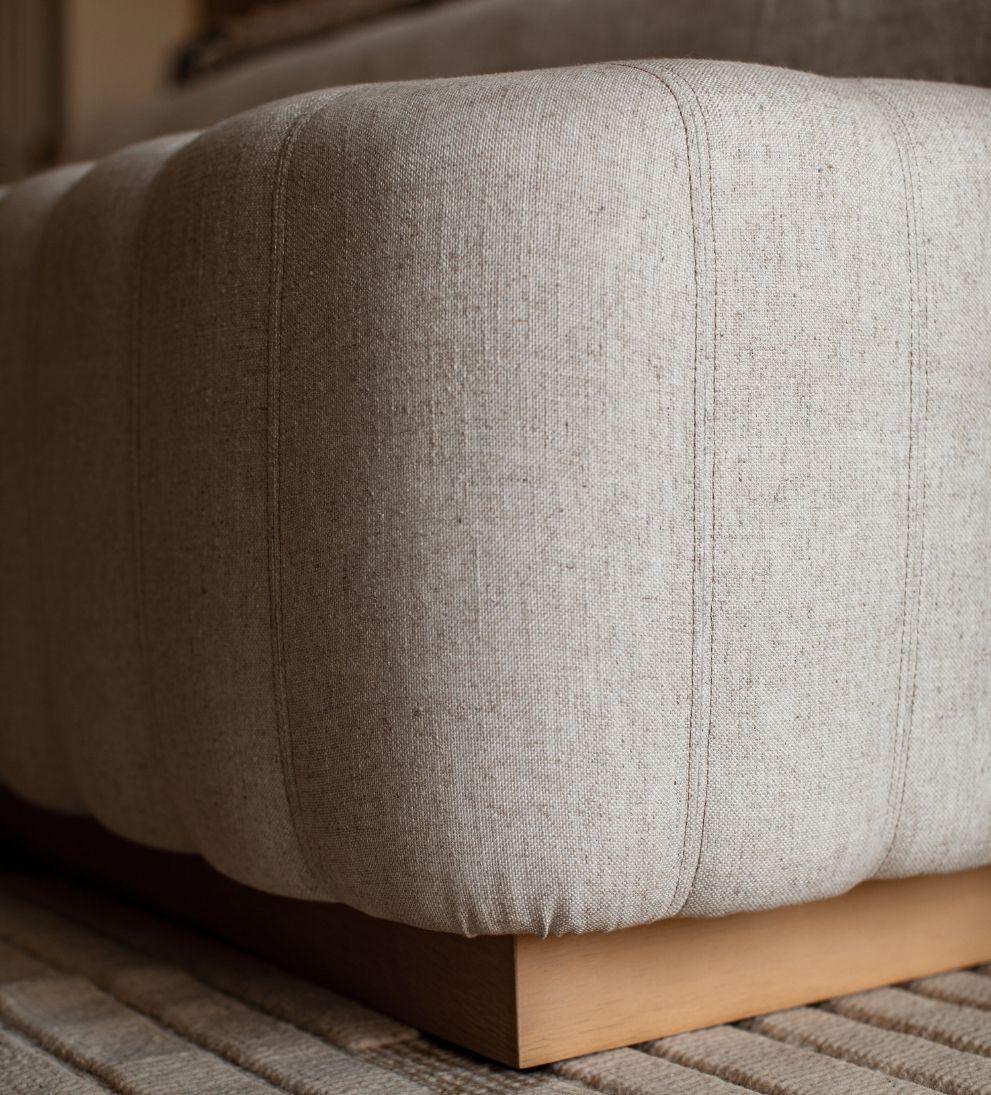 Rochelle Custom Bench – Cream Linen Upholstered Bench with Channeled Tailored Detailing, Recessed Oak Base, Floating Silhouette for Entryway or Bedroom, 67"L x 21"W x 19"H