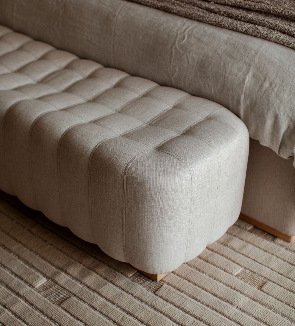 Rochelle Custom Bench – Cream Linen Upholstered Bench with Channeled Tailored Detailing, Recessed Oak Base, Floating Silhouette for Entryway or Bedroom, 67"L x 21"W x 19"H