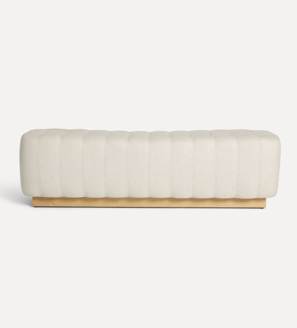 Rochelle Custom Bench – Cream Linen Upholstered Bench with Channeled Tailored Detailing, Recessed Oak Base, Floating Silhouette for Entryway or Bedroom, 67"L x 21"W x 19"H