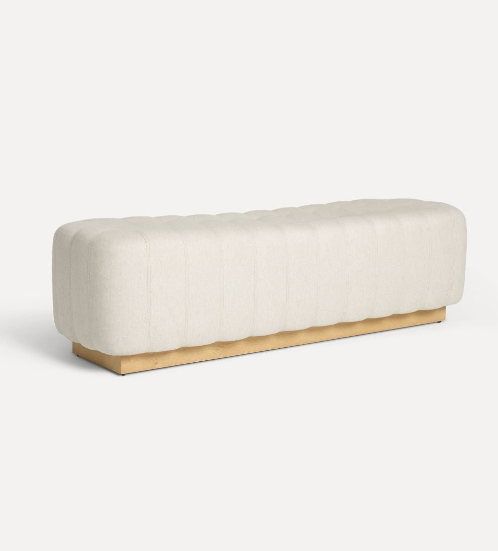 Rochelle Custom Bench – Cream Linen Upholstered Bench with Channeled Tailored Detailing, Recessed Oak Base, Floating Silhouette for Entryway or Bedroom, 67"L x 21"W x 19"H