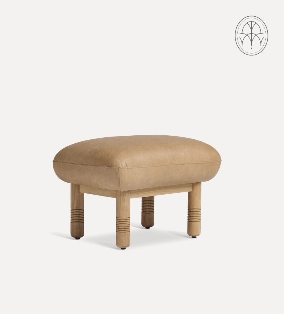 Siena Ottoman – White Oak Ottoman with Rich Cognac Leather Top, Sophisticated Versatile Design for Footrest or Extra Seating, 22"W x 18"D x 16"H