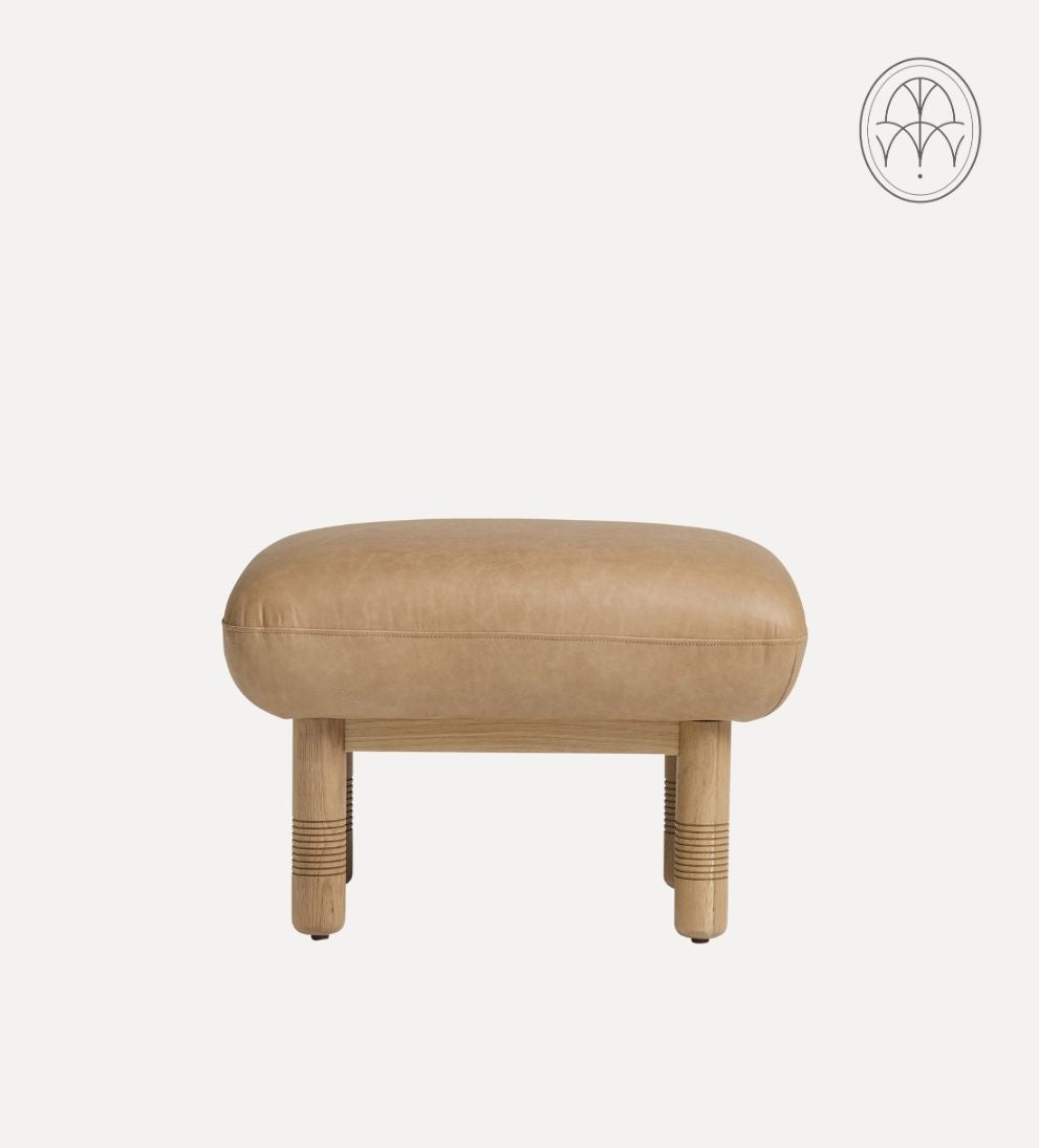 Siena Ottoman – White Oak Ottoman with Rich Cognac Leather Top, Sophisticated Versatile Design for Footrest or Extra Seating, 22"W x 18"D x 16"H