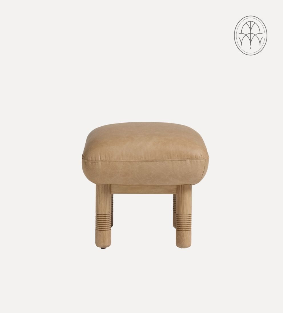 Siena Ottoman – White Oak Ottoman with Rich Cognac Leather Top, Sophisticated Versatile Design for Footrest or Extra Seating, 22"W x 18"D x 16"H