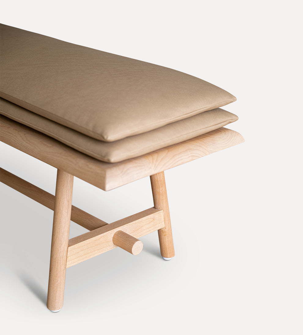 Ami Bench – Solid White Oak Bench with Tapered Legs, Double Leather Cushion, Scandinavian-Inspired Design, Versatile Statement Piece for Any Space, 66"L x 18"W x 21"H