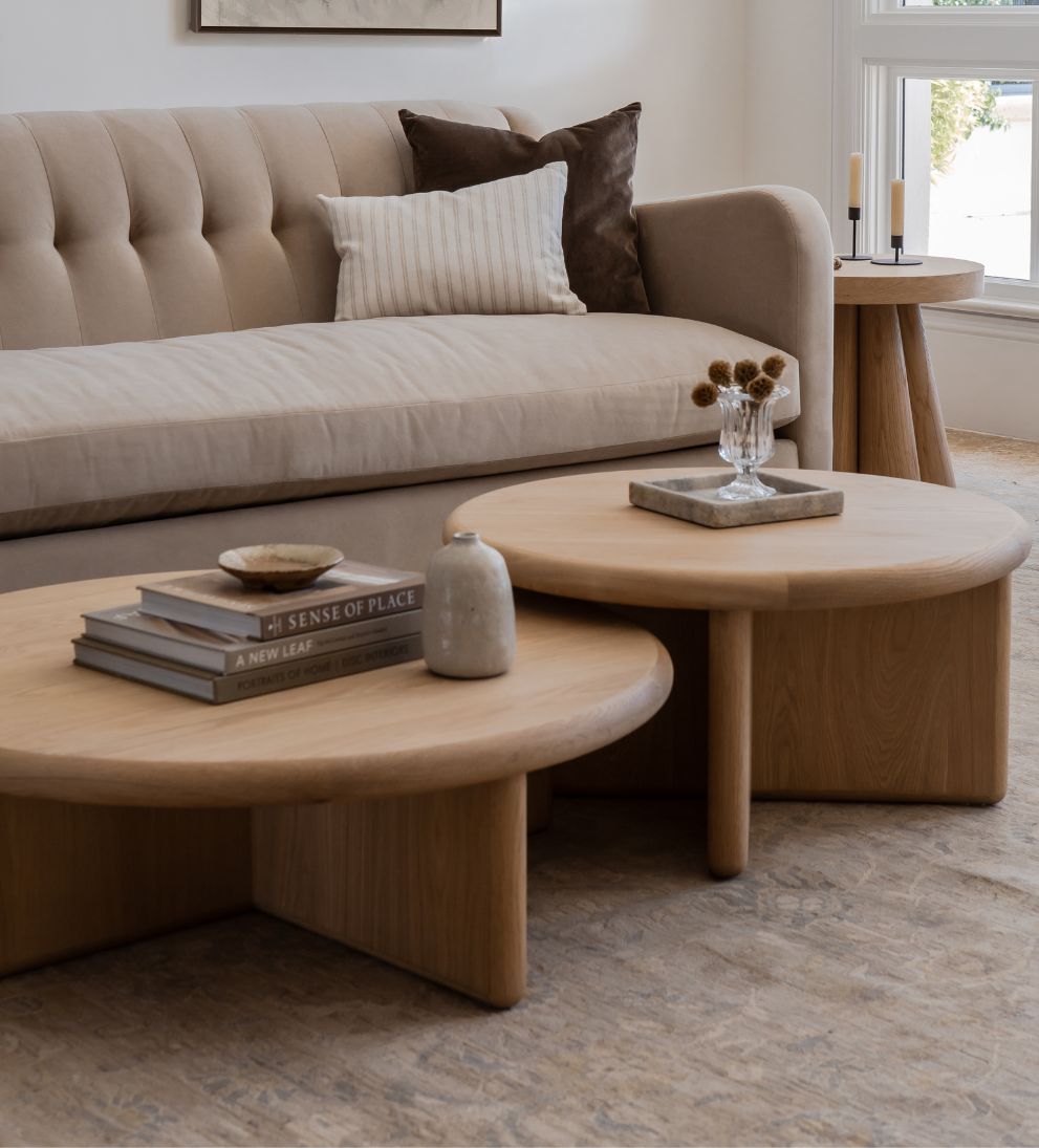 Austin White Oak Nested Coffee Table - Dimensions: Large Table: 38 Diameter x 12 H |?Small Table: 30 Diameter x 15 HWeight: Large Table: 90 lbs |